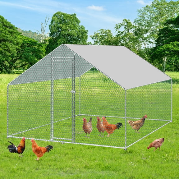 10ft Outdoor Metal Chicken Coop, Walk-in Poultry Run with Sunshade Cover, 10'L x 6.6'W x 6.6'H
