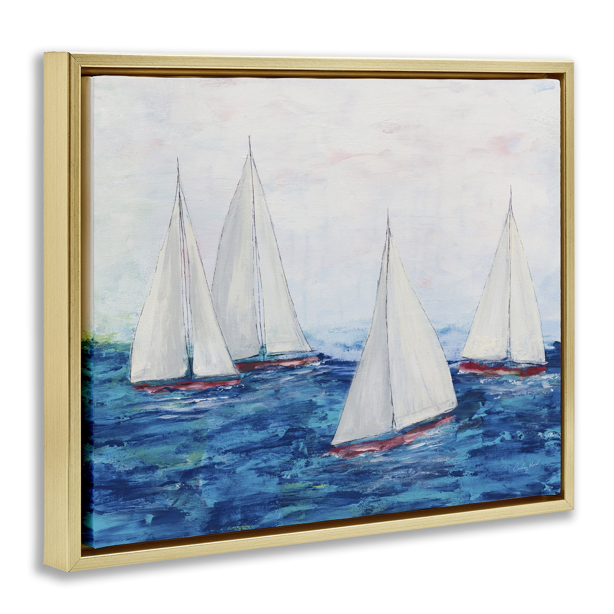 Stupell Industries Sailboat Fleet on Ocean Coastal Painting Gold Floater Framed Canvas Art Print Wall Art, 21 x 17