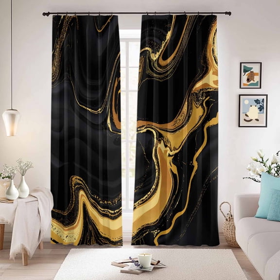 Marble Black Blackout Curtains for Bedroom/Living Room, Pinch Pleated Black Out Curtains, Vintage Gold Art Abstract Farmhouse Room Darkening Window Drapes with Hooks 2 Panels, 39"x70"