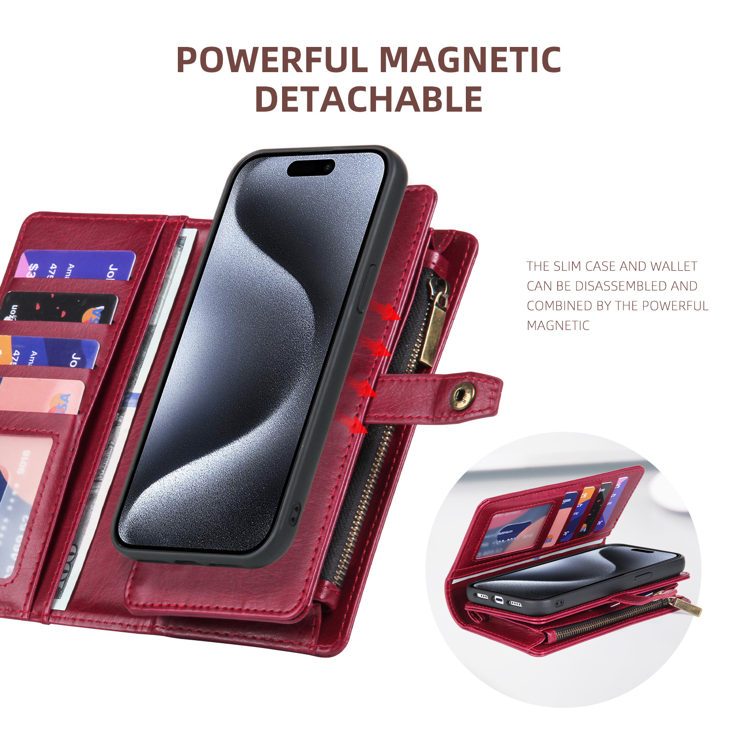 2 In 1 Wallet Phone Case for Apple iPhone 13, Detachable Magnetic Back Cover with Cards Holder Zipper Pocket Hand Wrist RFID Blocking Snap Closure Shockproof Case for iPhone 13, Red