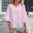 thumbnail image 3 of Pure Pink Women's V-Neck Blouse With 3/4 Ruffled Bell Sleeves Casual Top Ladies Blouses, 3 of 7