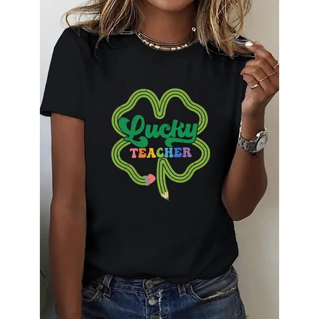 T-Shirt Graphique Trèfle & Crayon "Lucky Teacher" pour Femmes - Mélange Polyester Confortable, Col Rond, Manches Courtes, Tissu Extensible - Idéal pour Célébrations de la Saint-Patrick Fête des Pères, Fête des Mères, Nouveau