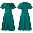 thumbnail image 2 of Women's Boat Neck Puff Cap Sleeve Ruched A-Line Ruffle Midi Dress Skater Dresses, 2 of 8