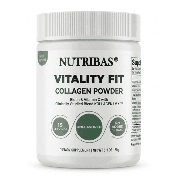 Nutribas Vitality Fit Collagen Peptides Powder Supplement for Hair, Skin and Nails, Unflavored Collagen Support, 15 Servings