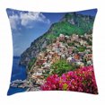 thumbnail image 1 of Italy Throw Pillow Cushion Cover, Scenic View of Positano Amalfi Naples Blooming Flowers Coastal Village Image, Decorative Square Accent Pillow Case, 24 X 24 Inches, Pink Green Blue, by Ambesonne, 1 of 2