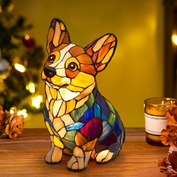Stained Glass Dog Lamp - Dog Series Art Night Light, Battery Powered Retro Resin Rainbow Puppy Lamp, Cute Puppy Night Light for Bedroom, Desk, Home, Gift for Dog Lovers, Friends, Family (#D)