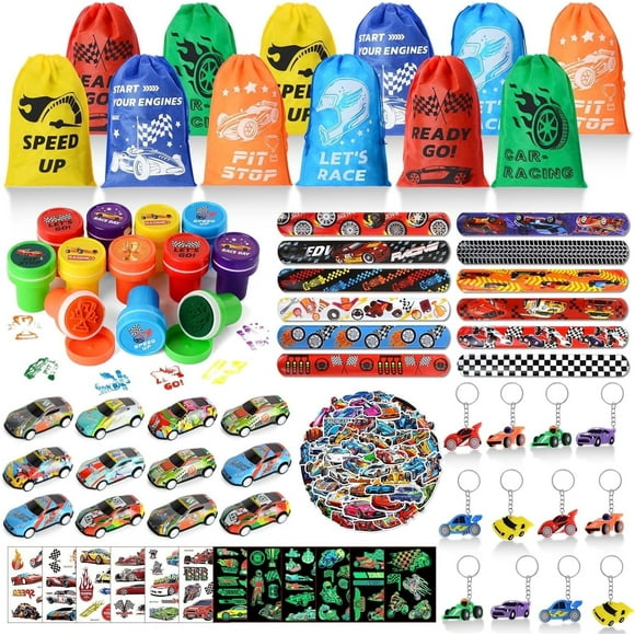 122 PCS Race Car Party Favors, Racing Birthday Party Favors with Pull Back Cars Bags Slap Bracelet Keychain Stamper Tattoo Stickers, Racecar Theme Party Supplies