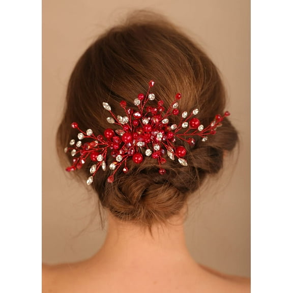 Crystal Hair Comb for Women Red Pearl Wedding Bridal Hair Piece Boho Hair Accessories for Prom Party