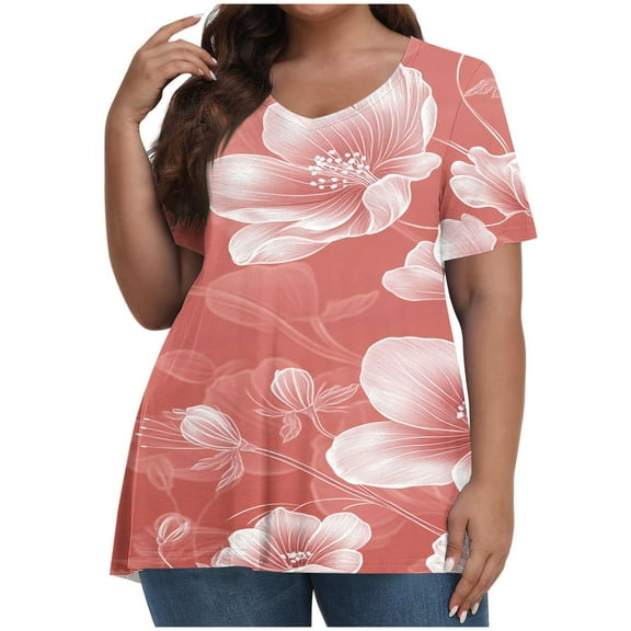 Puyaiuu New Tops for Women Trendy Leisure V-Neck Short Sleeve Blouses & Shirts Print Lightweight T-Shirts Womens Plus Womens T-Shirts Plus Size