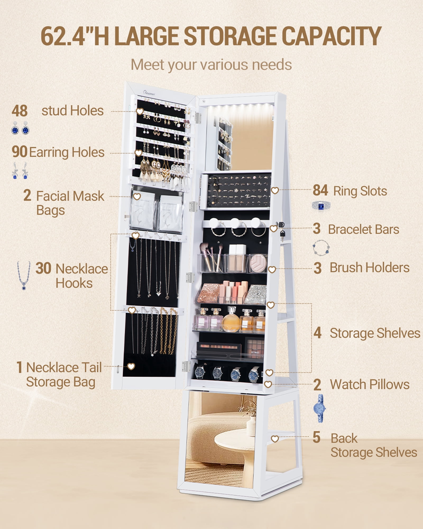 Hzuaneri 16 LED Jewelry Cabinet Armoire with 360° Rotating Hzuaneri 16 LED Jewelry Cabinet Armoire with 360° Rotating