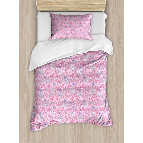 Baby Duvet Cover Set Twin Size, Bows and Bootes Buttons Ribbon Infant Elements Birthday Theme on Tartan Display, Decorative 2 Piece Bedding Set with 1 Pillow Sham, Pale Pink Mauve, by Ambesonne