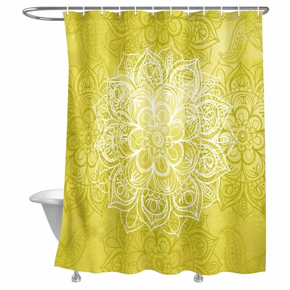 Shower Curtain Yellow Boho Floral Bathroom Curtains with Hooks, Waterproof Fabric Bohemian Flower Bath Shower Curtains Set for Bathroom Bathtubs Decor 72x72 Inch