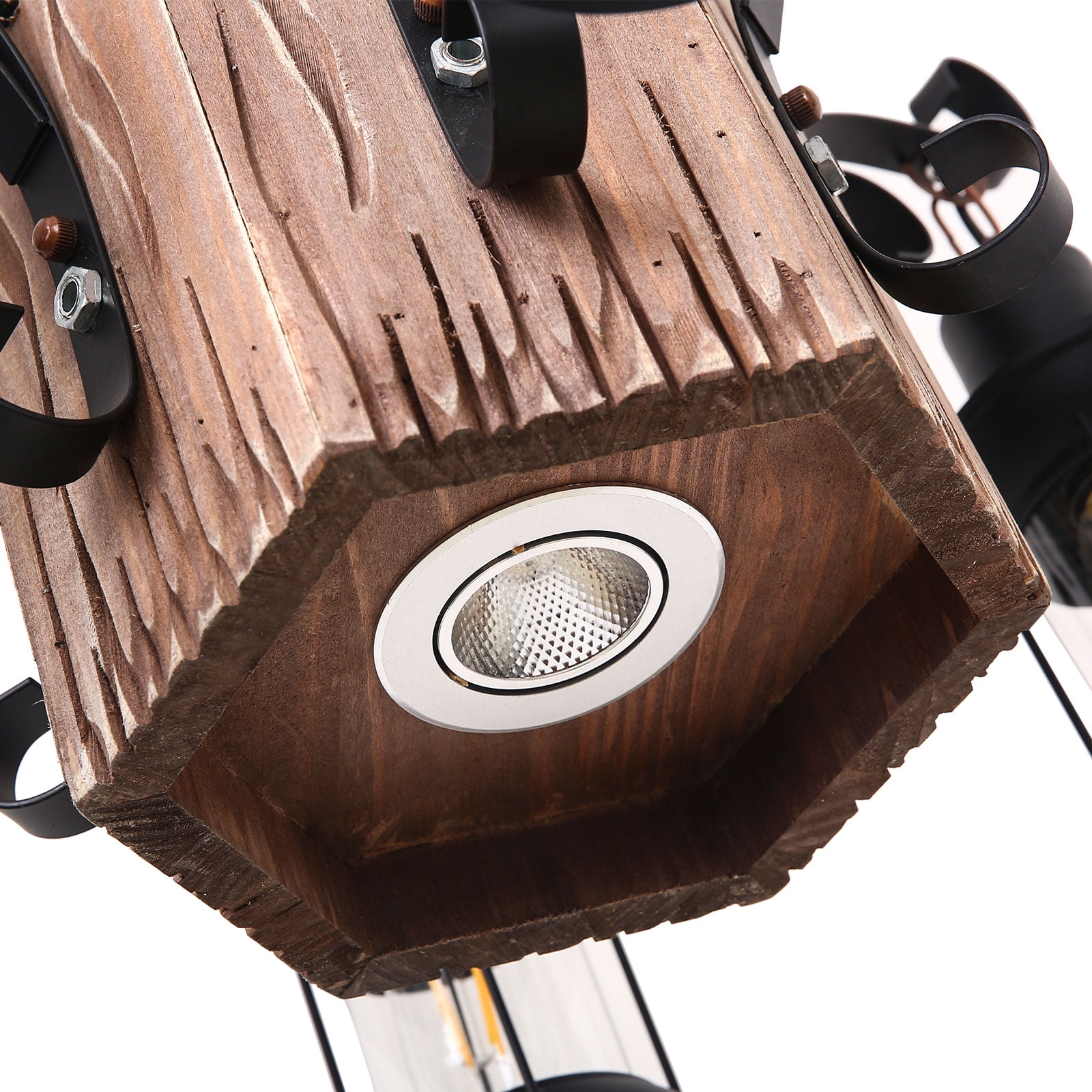 Rustic Wood Lantern Chandelier, 6-Light Farmhouse Pendant Light Height Adjustable Hanging Ceiling Light Fixture with Glass Lampshade