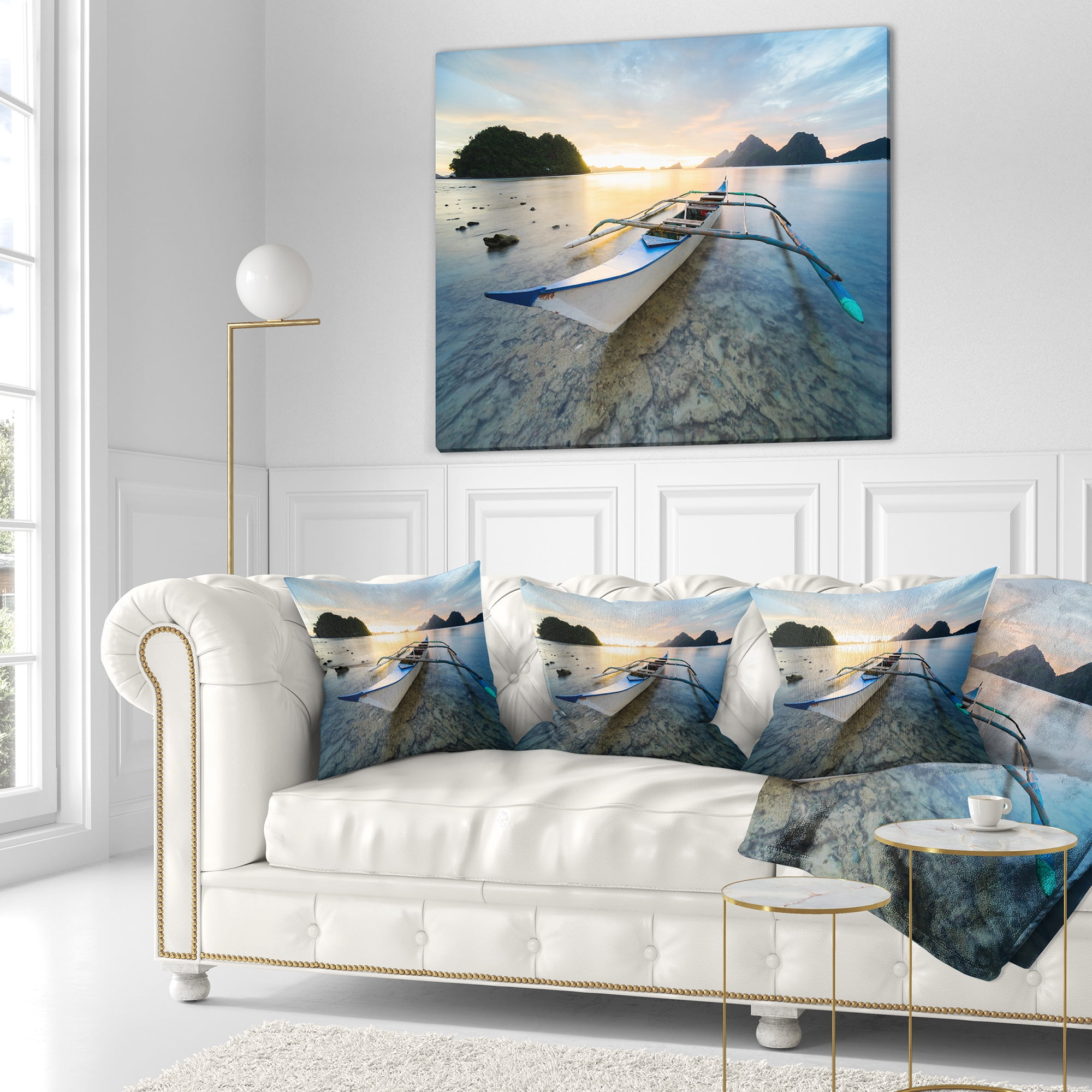 Designart Boat Docked at Beautiful Sunset - Seashore Throw Pillow - 16x16