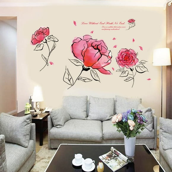 FFIY Chinese Style Ink Paintings Beautiful Red Rose Flowers Removable Wall Sticker Decal, Living Room Bedroom Home Decoration Adhesive DIY Art Wall Mural