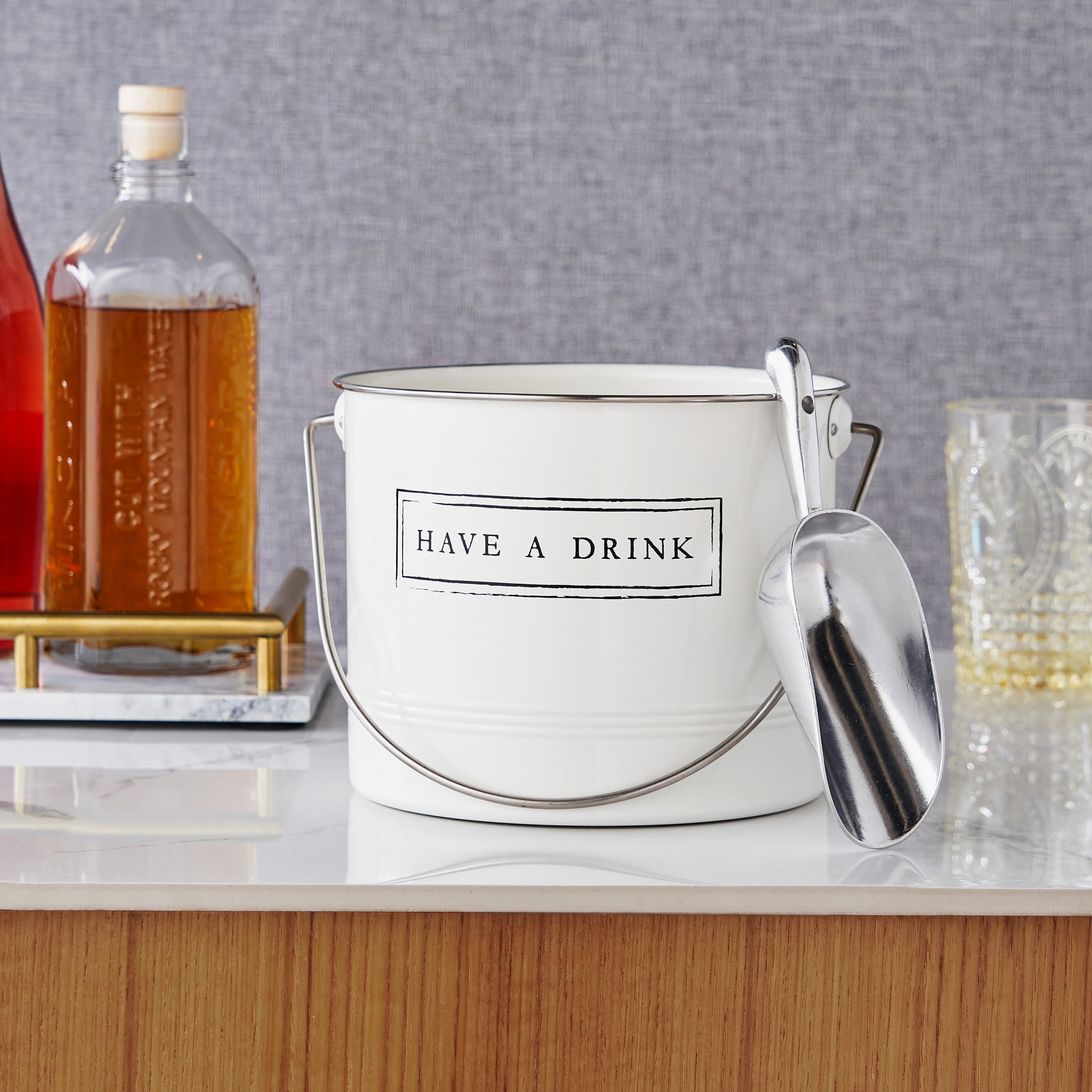 Twine "Have A Drink" Metal Ice Bucket and Scooper, Outdoor Party, 1 Gallon