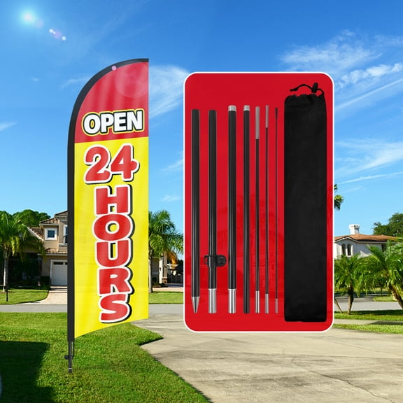 QSUM Open 24 Hours Feather Flag with Flag Pole Kit and Ground Spike, 8.2FT Open 24 Hours Windless Flag Banner Sign Business for Outdoor Advertising Sign Decoration Display
