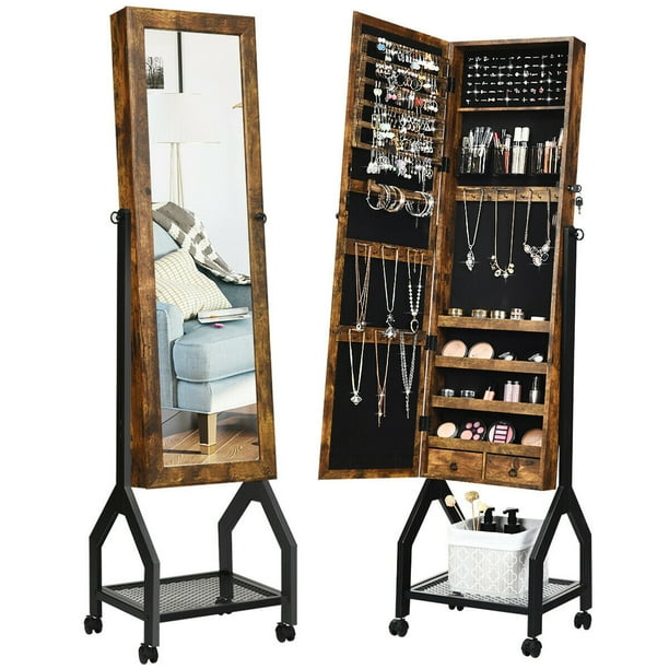 Gymax Vintage Jewelry Armoire Cabinet Mirrored Lockable Organizer With Shelf Wheels Com Gymax Vintage Jewelry Armoire Cabinet, Standing Jewelry Armoire Mirror