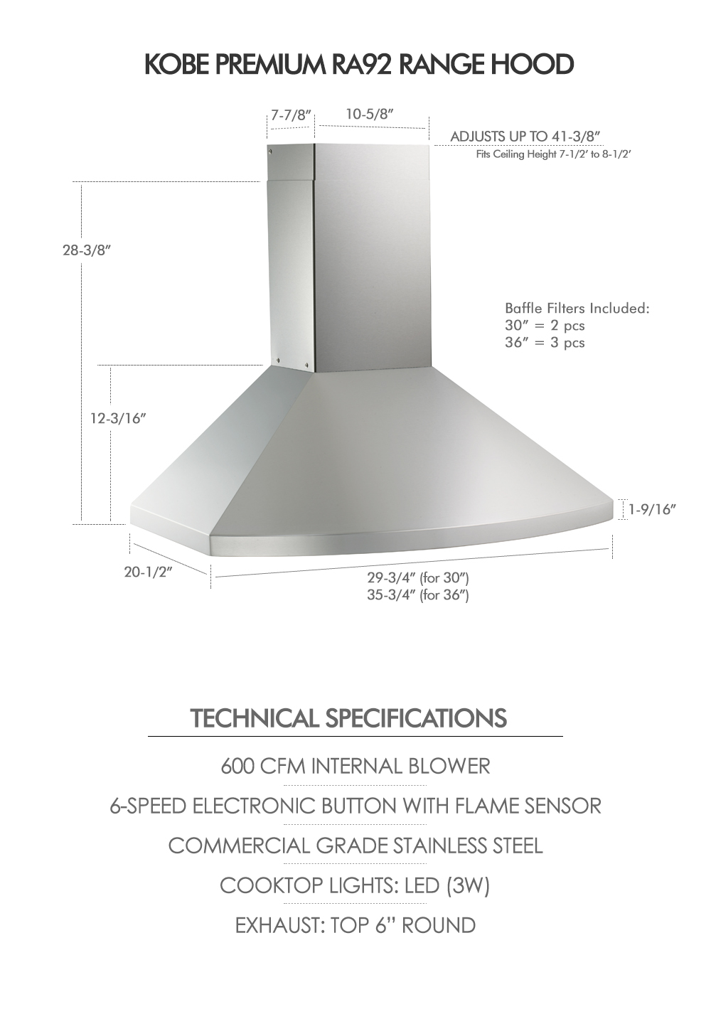 KOBE RA92 Series 30-Inch Hands-Free Fully Auto Wall Mount Range Hood in Stainless Steel