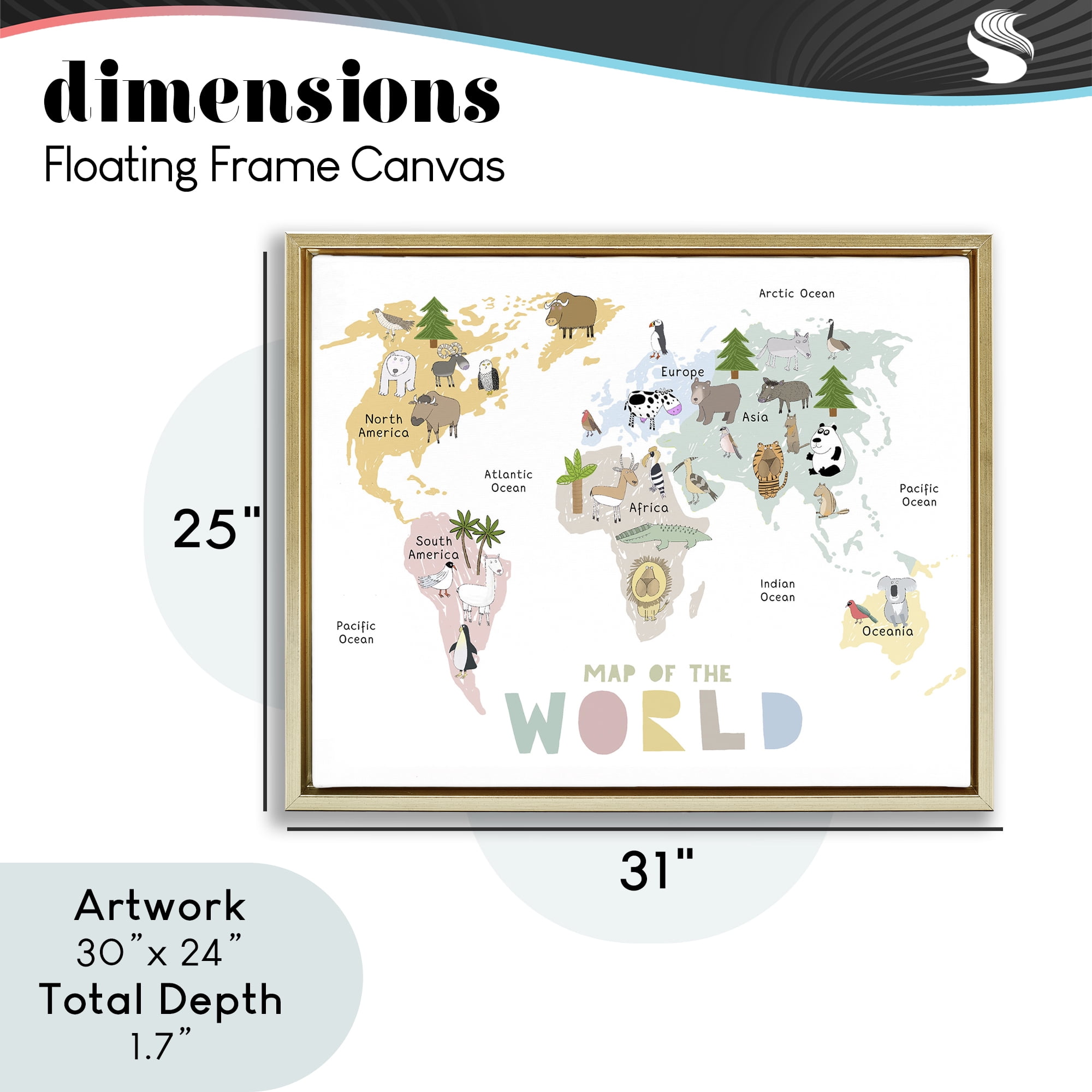 Map Of World Pastel Animals Gold Framed Floater Canvas Wall Art, design by Carla Daly