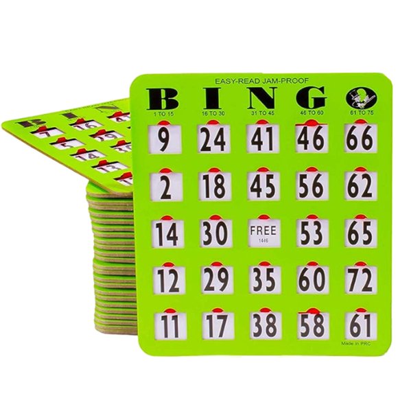 MR CHIPS Cartes de Bingo pour le Bout des Doigts à l'Épreuve des Bourrages, Faciles à Lire, Gros Caractères, avec Fenêtres Coulissantes, Lot de 25, Style Vert