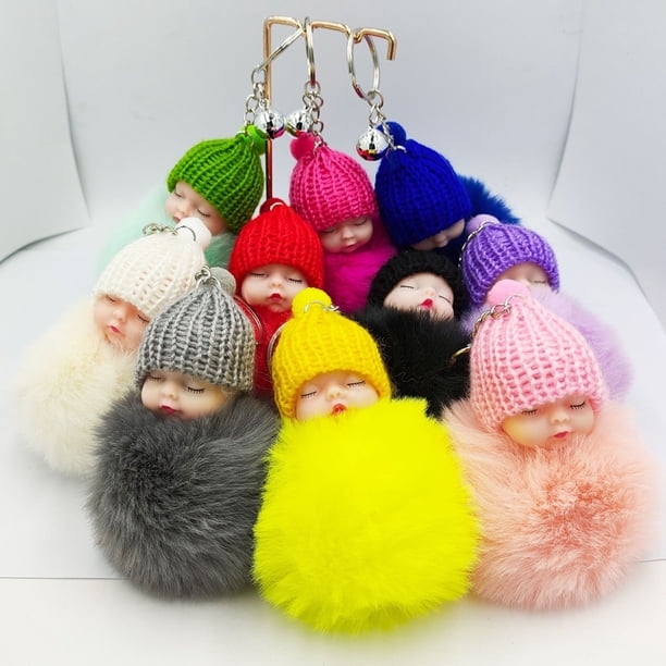 Pompom Bell Sleeping Baby Keychain Cute Fluffy Plush Doll Keychains Women Girl Bags Cars Key Ring Gift Charming DecorationGray He Qiyong unisex