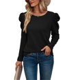 thumbnail image 1 of Women Puff Sleeve Shirts Pure Color Round Neck Waffle Knit Top Elegant Casual Long Sleeves T Shirt Black M, 1 of 4