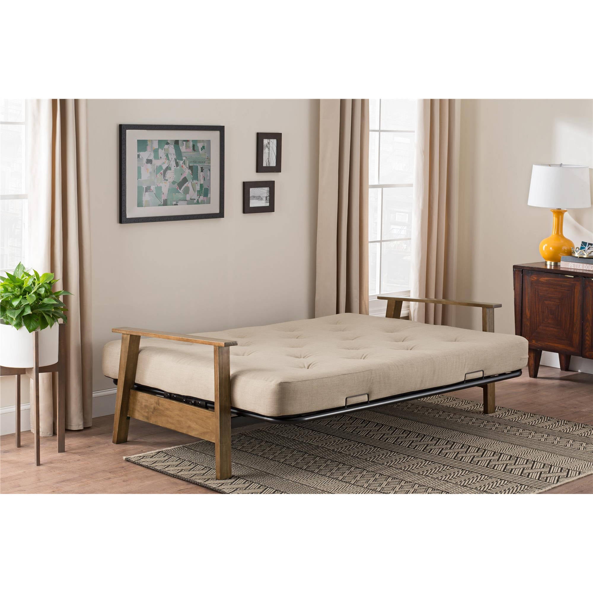 Dhp Bergen Wood Arm Futon With 6 Coil Mattress Tan Linen Com