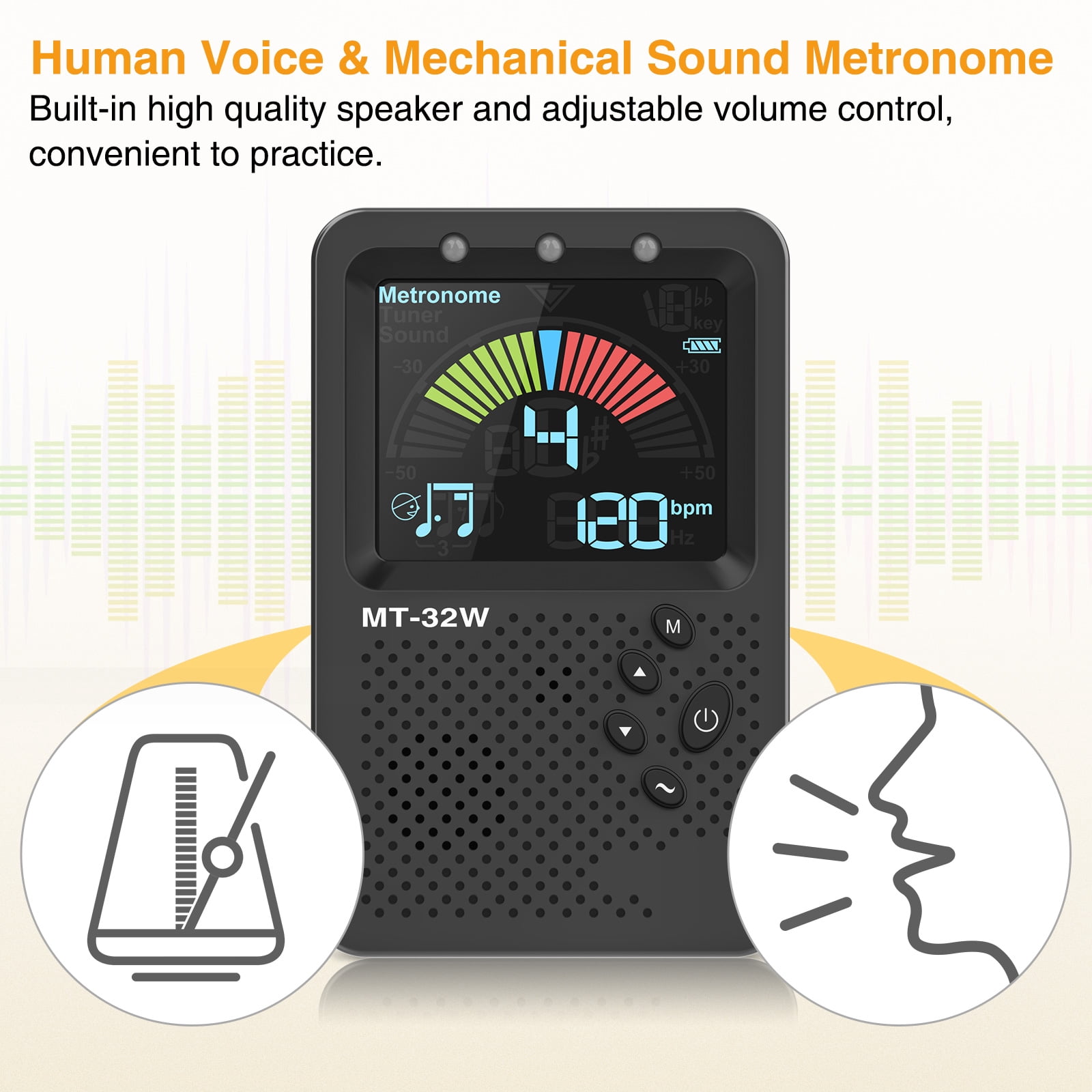 LEKATO MT-3200W Metronome Tuner, Rechargeable 3 In 1 Digital Metronome with Vocal Count, Tone Generator Tuners for Guitar, Bass, Violin, Ukulele, Chromatic, Clarinet, Trumpet, Flute, All Instruments
