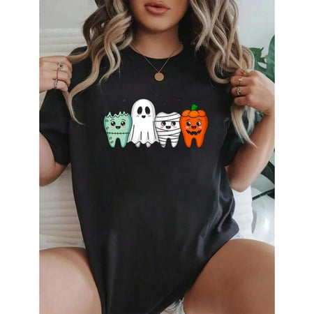 Halloween Dental Tooth Funny Dentist Design T Shirt Cute Character Graphic Tees Comfort Tops Soft Black S-5XL