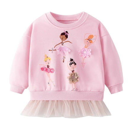 

Girls T Shirts Toddler Cartoon Printed Causal Round Neck Sweatshirt Long Sleeve with Lower Hem Girl T-Shirts for Kids