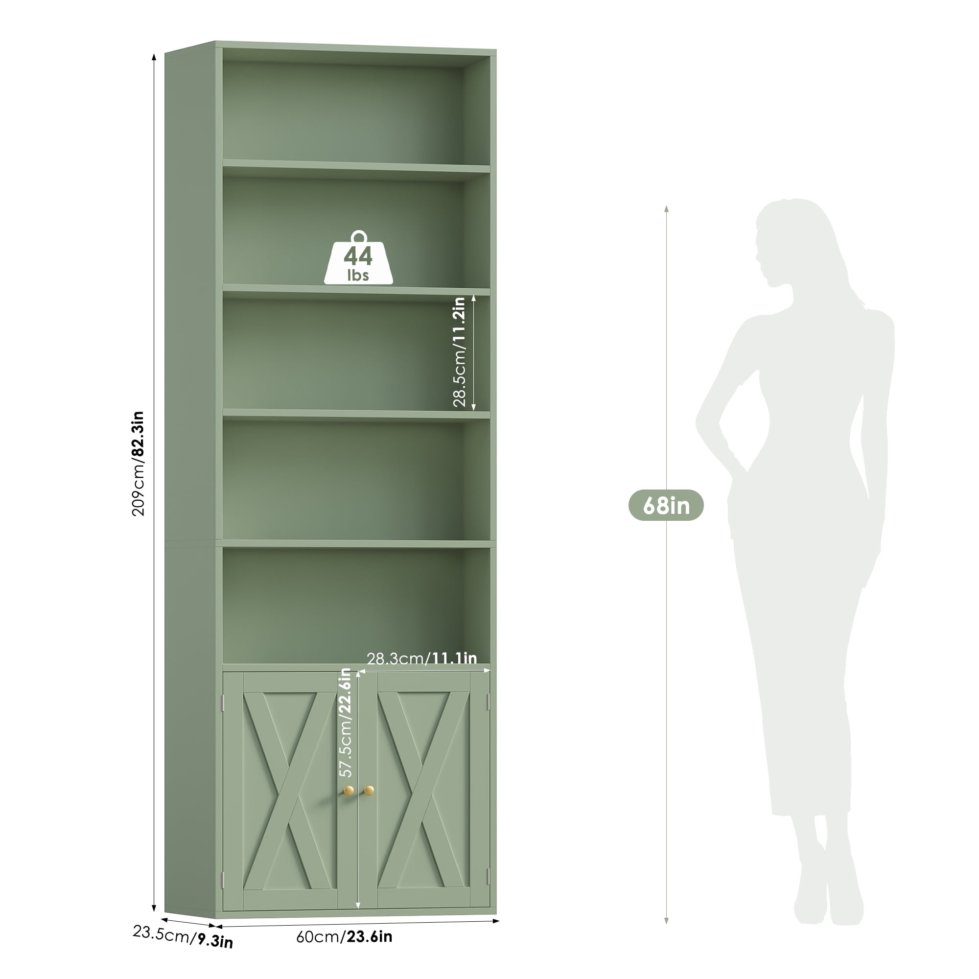 Hiphuta 81.5" Tall Bookcase with Doors, 5-Tier Bookshelves with Storage, 23.6"W Display Shelf with 2 Doors for Home Office, Living Room, Green