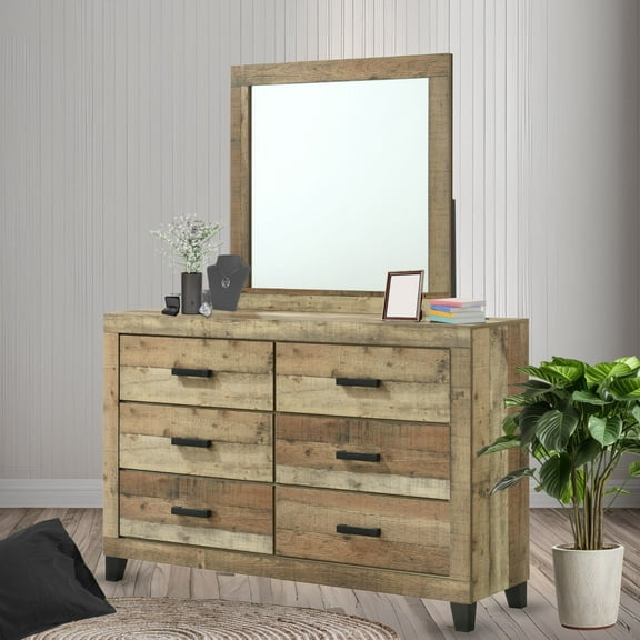 Kings Brand Furniture Biloxi 6-Drawer Dresser and Mirror for Closet, Bedroom (Antique Natural)