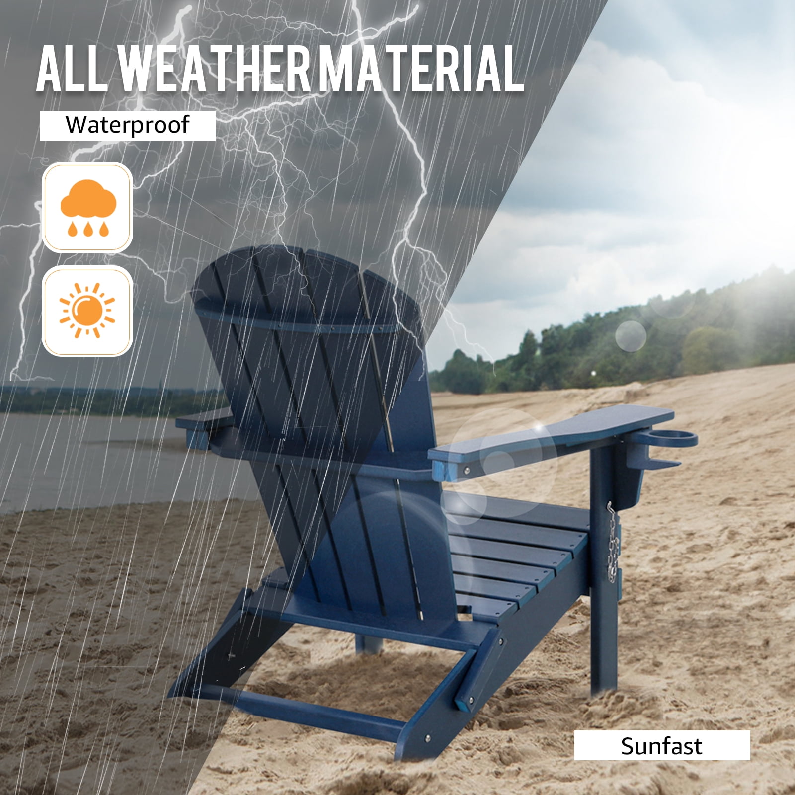 FHFO Folding Adirondack Chair,HDPE All-Weather Patio Chairs with Cup Holder for Outside, Deck, Lawn, Backyard, Garden, Fire Pit(Navy Blue)