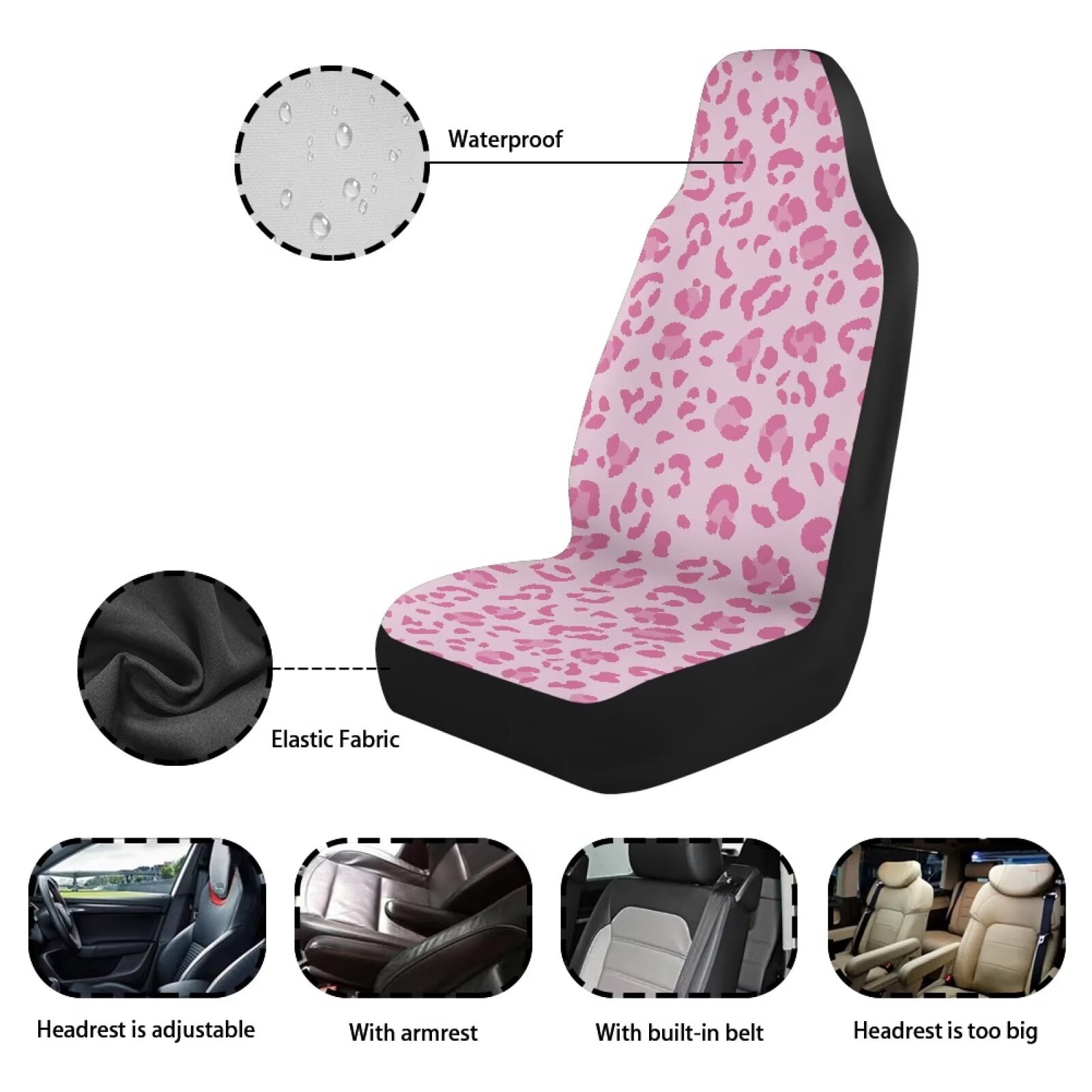 Uorisanigo Car Seat Covers Waterproof Auto Seat Covers Protector Removable Automotive Accessories Universal Front Car Seats Fit Most Cars Women Men, Pink Cheetah Leopard Print