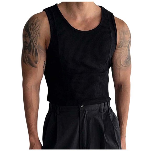 Likimi Tank Tops For Men Summer Crew Neck Solid Color Sleeveless Slim Fit Comfort Casual Shirts Black Size L