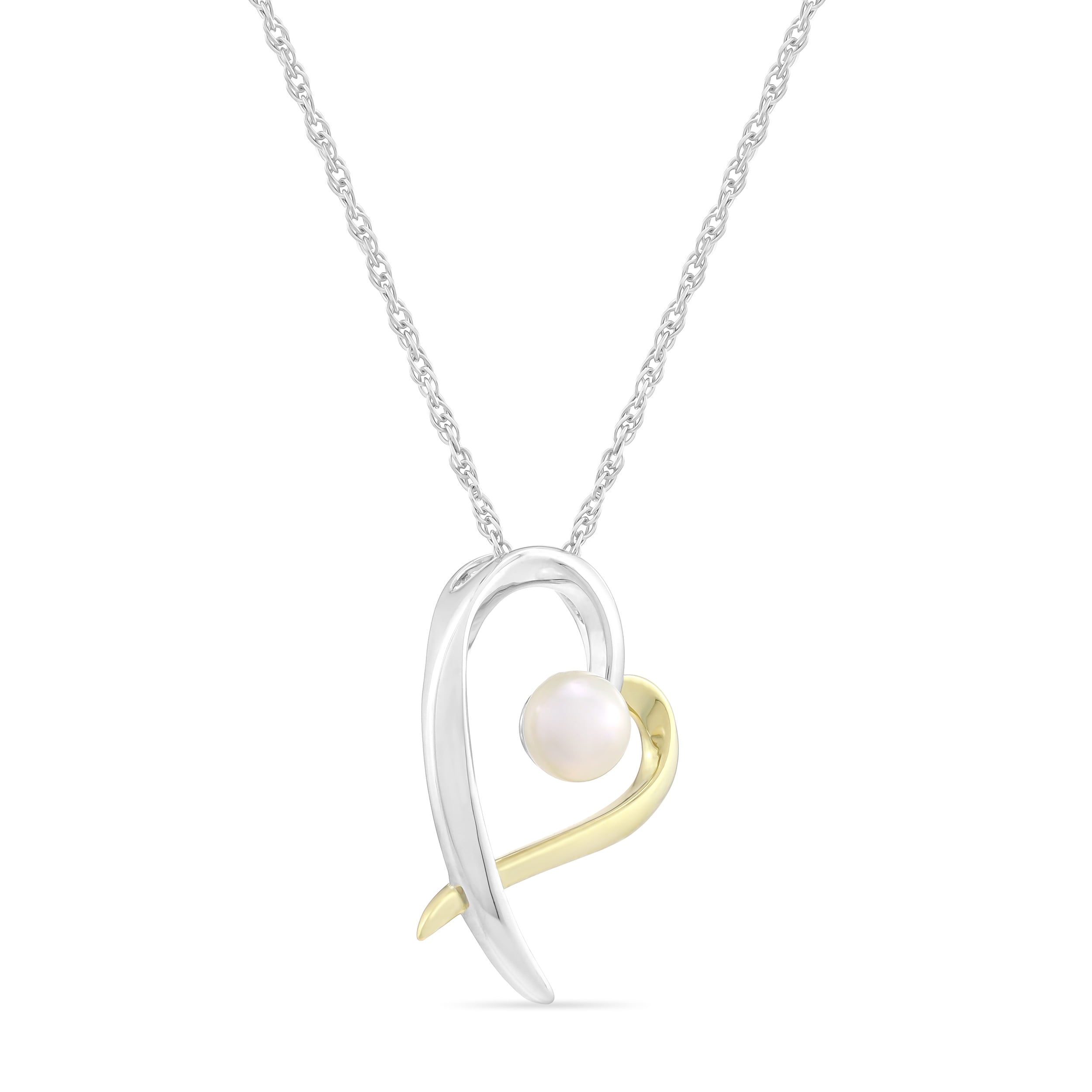 Brilliance Fine Jewelry Women's Two-tone 14K Gold Plated .925 Sterling Silver Freshwater Pearl Heart Pendant with chain, 18"