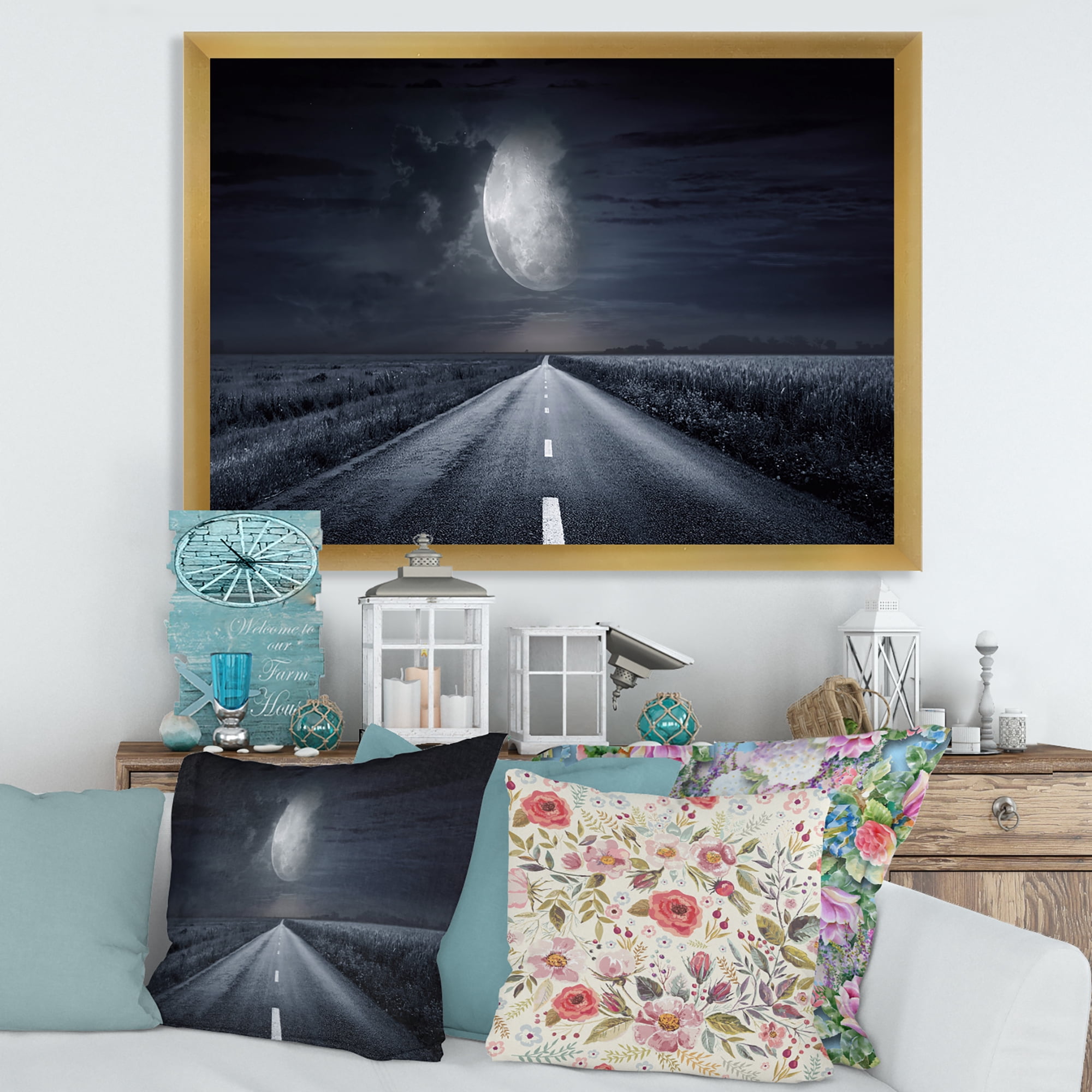 Designart 'Cloudy Full Moon Over Asphalt Road III' Nautical & Coastal Framed Art Print
