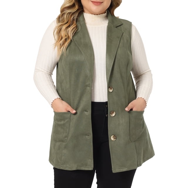 Chaleco de Mujer Plus Size Agnes Orinda con Solapa Notch Casual Utilitario Sin Mangas de Seda Sintética 2X Verde