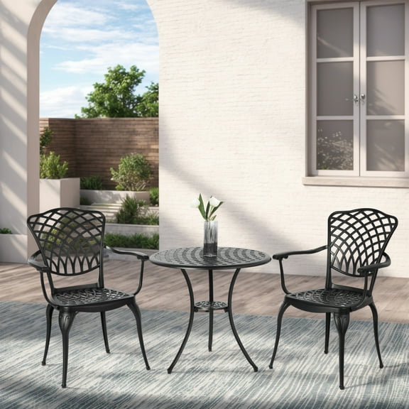 CoSoTower 3 Piece Patio Bistro Set Cast Aluminum Bistro Table and Chairs Set of 2 with Umbrella Hole,All Weather Metal Bistro Table Set,Outdoor Patio Furniture Set for Garden Black