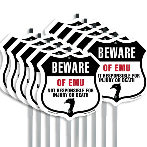 Beware Of Emus Not Responsible For Injury Or Death (10 Pack) 12 inch X 12 inch Shield Shaped Commercial Grade Plastic Signs with Aluminum Mounting Stakes Weather Resistant Made in the
