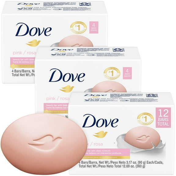 Dove Soap, Pink Beauty Bar 3-Pack (12 Soap Bars) – 3-in-1 Moisturizing Face, Body & Hand Soap, 3.17 Oz Ea