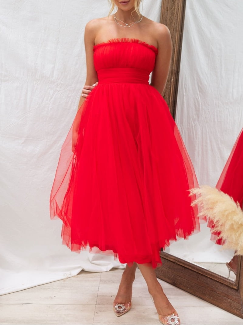 Arvbitana Women Strapless Midi Dress Solid Color Sleeveless Layered Mesh  Tulle Flowy Dress Backless Tube Party Dress for Cocktail Streetwear -  Walmart.com