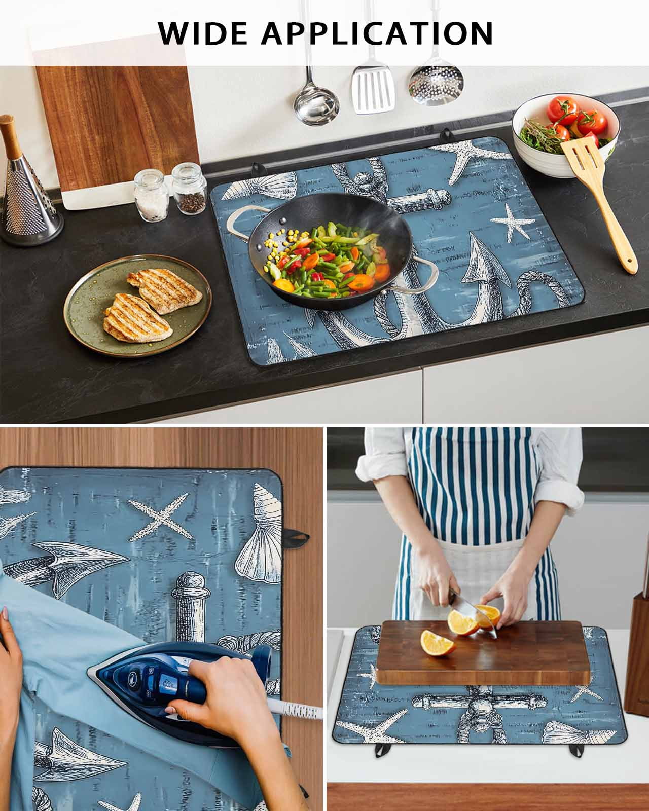 nqOlkjepod Large Induction Cooktop Protector Mat 36"x21", Blue Nautical Anchor Stove Top Covers for Electric Stove, Summer Coastal Ocean Starfish Shell Stove Burner Cover Mats, Glass Top Stove Cover