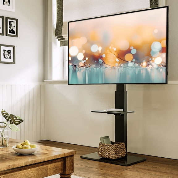 FITUEYES Modern Swivel Floor TV Stand Base, Height and Shelf Adjustable, Black