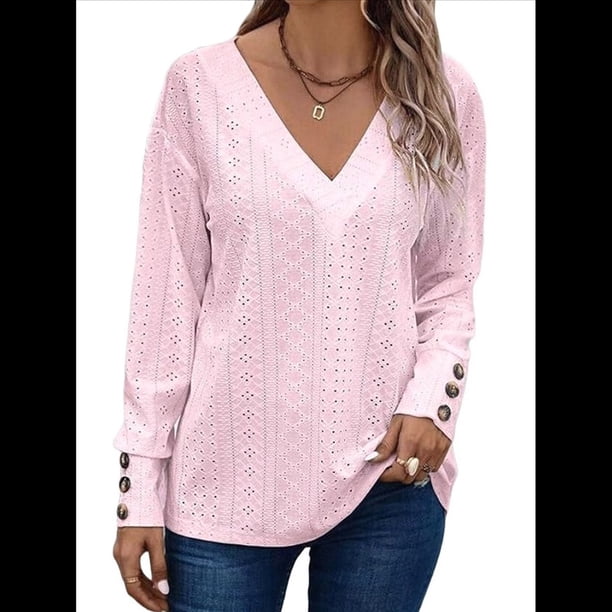 Blusas Elegantes e Informales para Mujer, con Cuello en V, Larga, Botones, Encaje Calado y Bordado. Rosa M