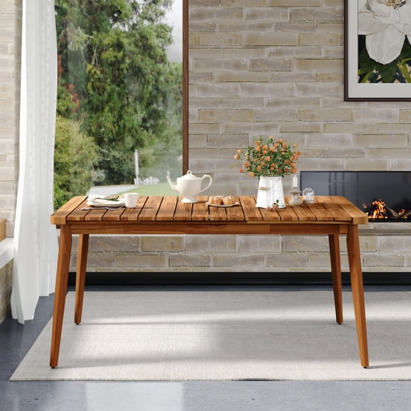 Wood Dining Table For 6 People Outdoor Use Farmhouse Style Patio Garden Backyard Furniture Durable Teak Finish 180 Lb Capacity 63 Inch Long