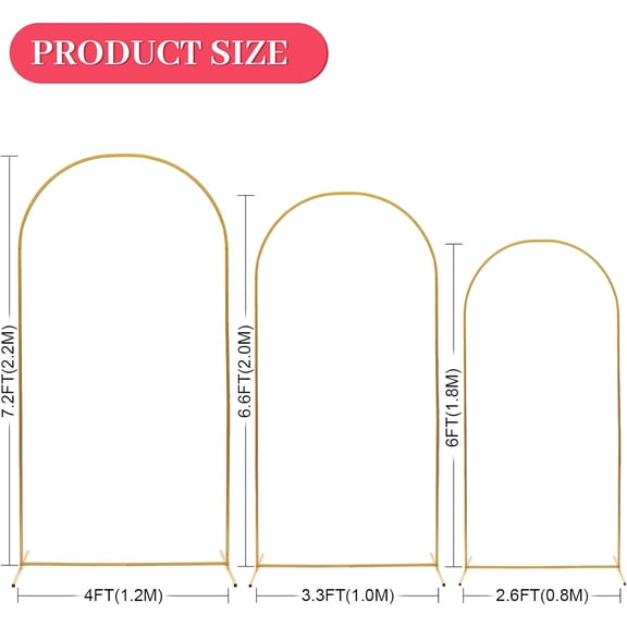 Arch Backdrop Stand - 3PCS (7.2ft, 6.6ft, 6ft) Upgraded Metal Arch Backdrop Stand - Easy to Set up Gold Wedding Arch Frames- for Weddings, Birthday Parties, Baby Showers, Family Gatherings