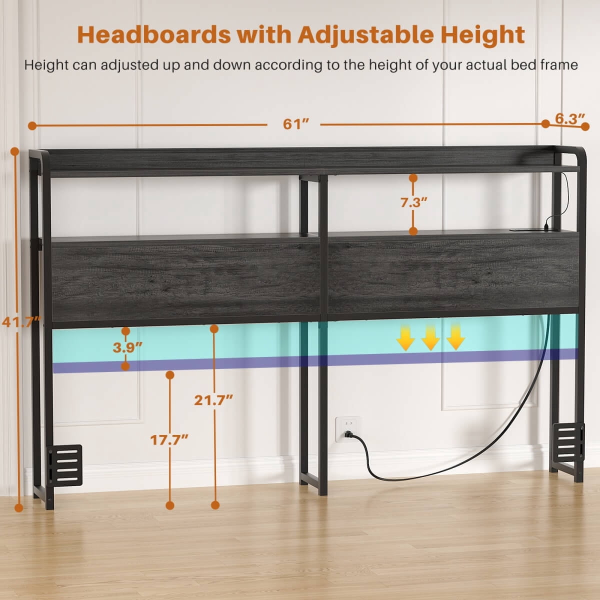 Homieasy Headboard for Queen Size Bed Frame, Headboards with Outlets, USB Ports and LED Light, Head Board with Storage, Height Adjustable, Sturdy and Stable Headboard, Black Oak