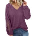 thumbnail image 1 of Camisa de manga larga de encaje con cuello en V para mujer Suelta Casual Moda Agradable para la piel Transpirable Cuello en V Color sólido Top de manga larga Púrpura Rojo M, 1 of 7